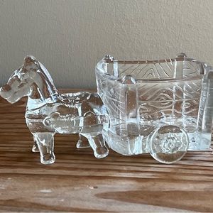 Vintage Toothpick Holder Press Clear Glass Donkey Wagon Cart Horse Trinket